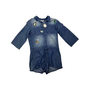 Oddy NWT‎ Denim Romper Shorts with patches floral cactus Llama size large